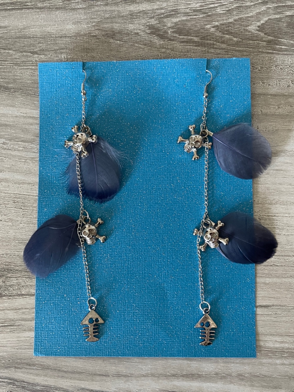 Dark Blue Feather Skull and Skeleton Earrings